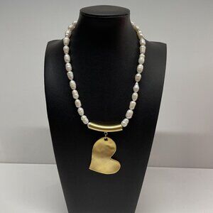 Zzan Faux Pearl Gold Tone Big Heart‎ Pendant Necklace Statement Modernist AL2